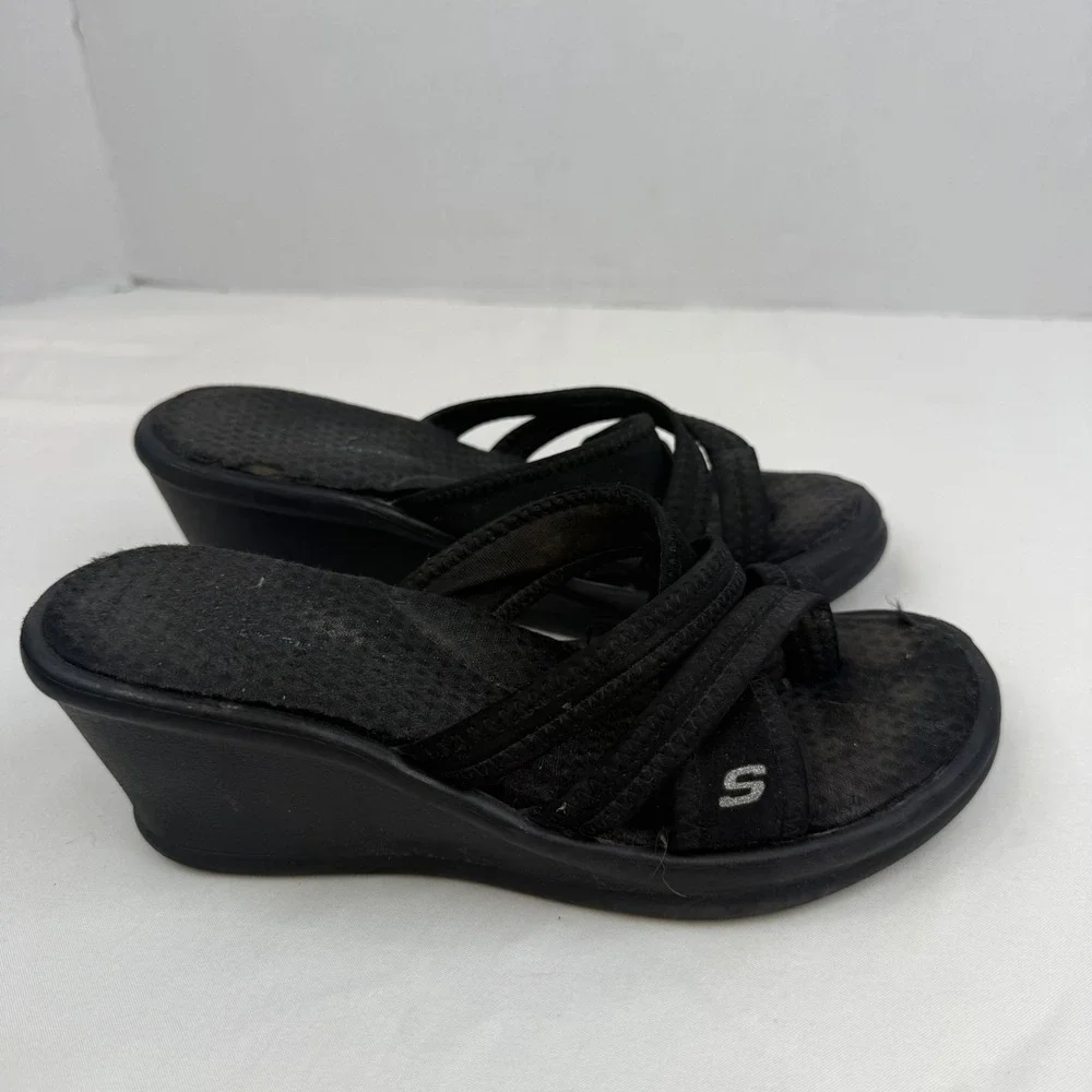 Y2K Vintage Skechers Cali Black Wedge Sandals Platform Thong Slides Size 6